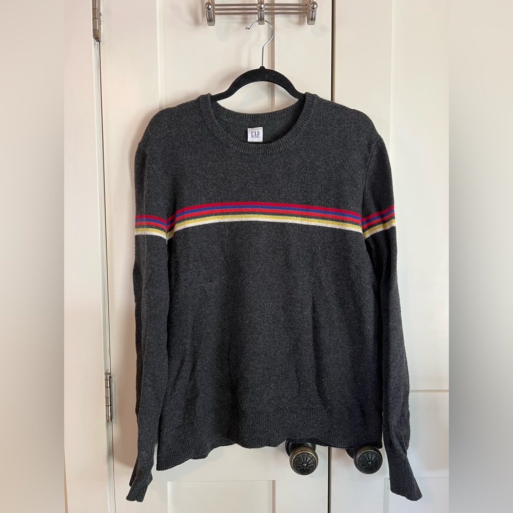 Vintage GAP Men's Charcoal Merino Wool Sweater with Colorful Stripe Size L
